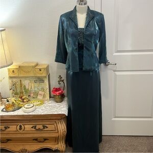 ALEX EVENINGS SIZE 8 FORMAL DARK TEALDRESS AND JACKET MOTHER OF BRIDE